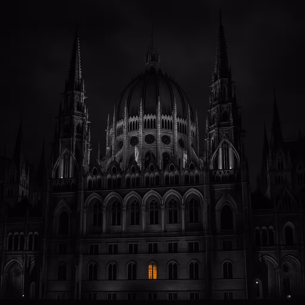 Cinematic black-and-white image of a Neo-Gothic building in Budapest, featuring pointed arches, tall spires, ornate tracery, and a central dome inspired by Gothic Revival design.