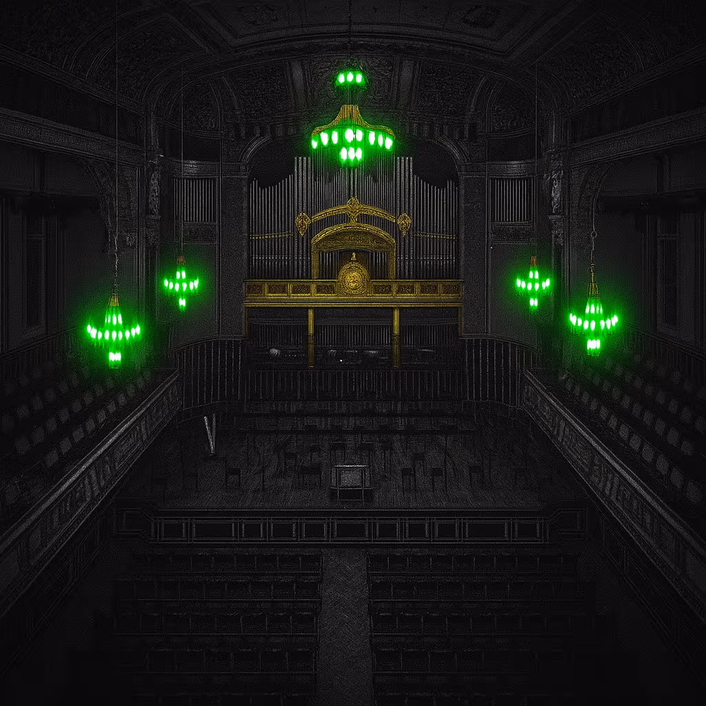 Cinematic black-and-white image of the Liszt Ferenc Academy of Music concert hall in Budapest, featuring glowing green chandeliers and a golden pipe organ, creating an unreal film-like atmosphere.