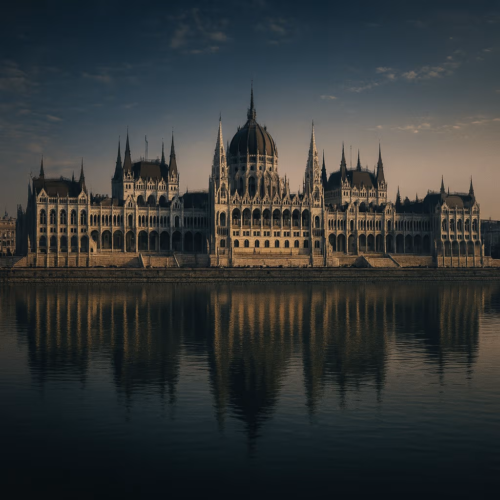 Imagen cinematográfica en blanco y negro del Edificio del Parlamento Húngaro al amanecer con iluminación dorada selectiva reflejándose sobre el Paseo del Danubio.