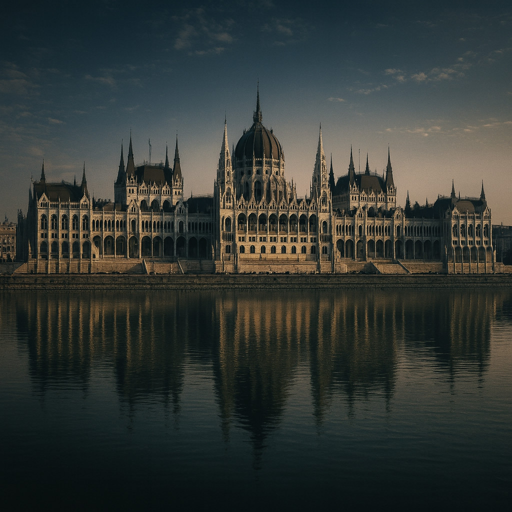 Cinematic black-and-white image of the Hungarian Parliament Building at sunrise with selective golden lighting reflecting over the Danube Promenade.