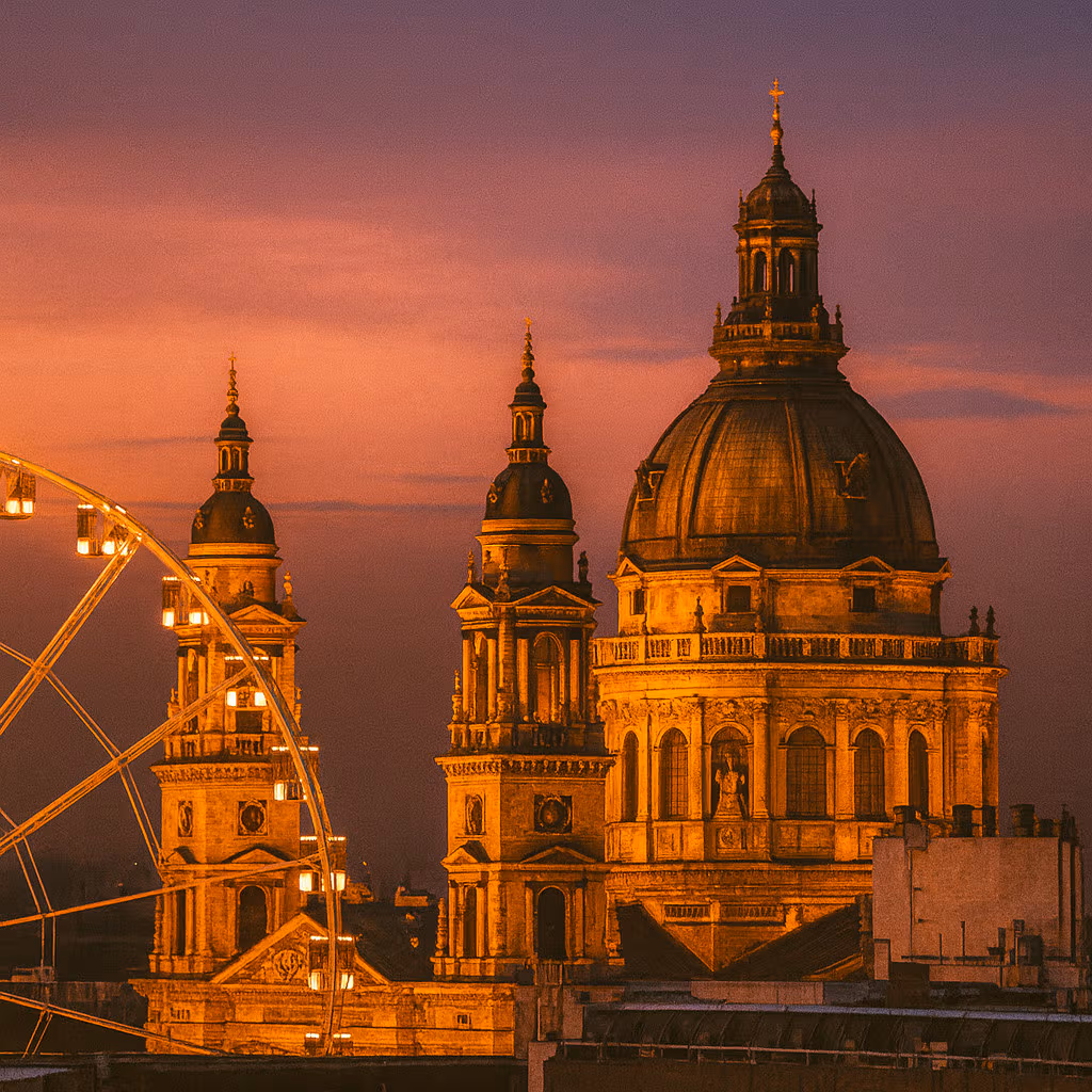 Fotografía cinematográfica nocturna de la Basílica de San Esteban en Budapest, iluminada con luces doradas cálidas bajo un cielo estrellado, capturada en una composición cuadrada dramática.