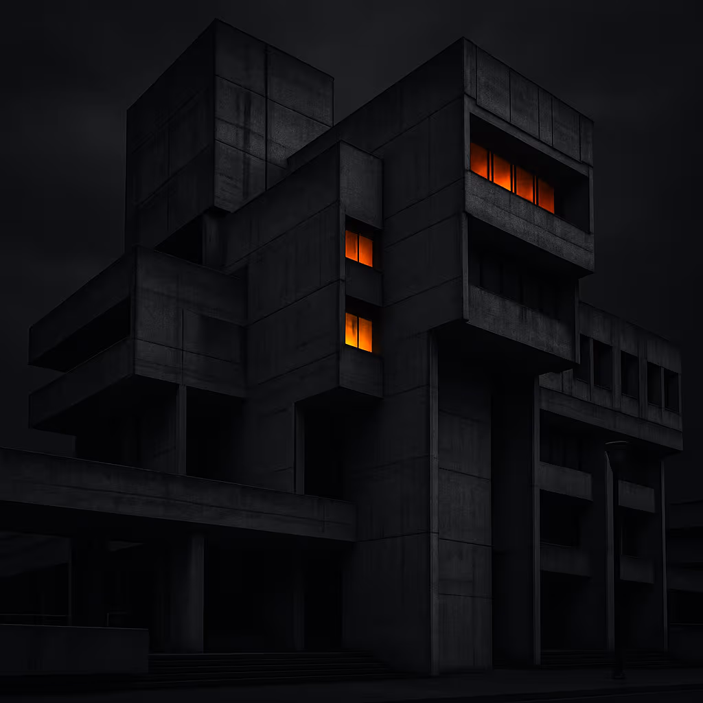 Cinematic black-and-white image of a Brutalist concrete building with massive geometric forms, exposed structural elements, and glowing windows highlighting its monumental socialist-era design.
